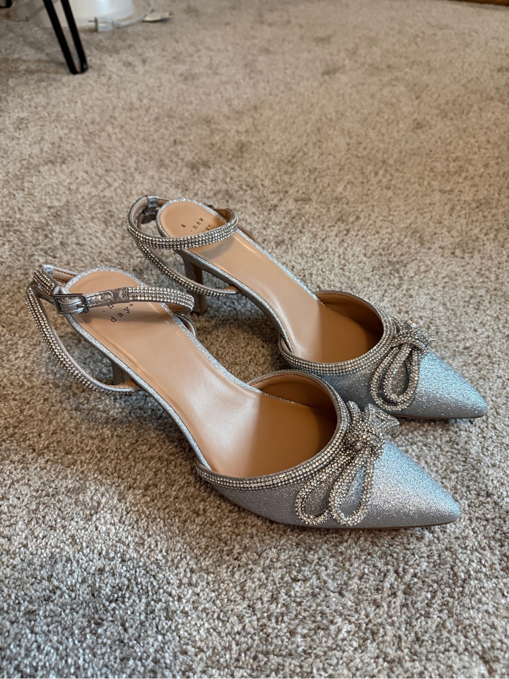 a new day Sparkling Silver Pointed-Toe Heels with Bow and Ankle Strap